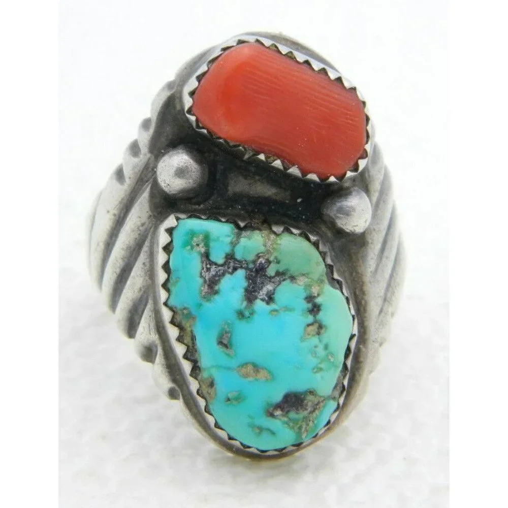 Navajo R Signed Designer Sterling Silver Heavy Coral Turquoise Ring 15g Size 9.5 - Picture 1 of 6
